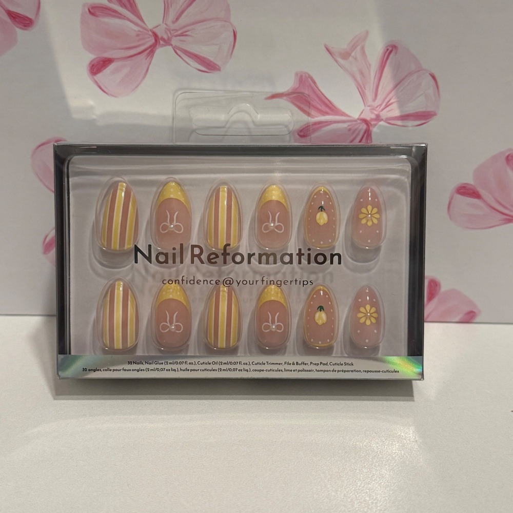 Nail Reformation Press On Nails Set Almond Floral Bow Striped Yellow Nails